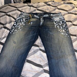Blue Robin jeans with white splatter excellent condition size 38 boot cut